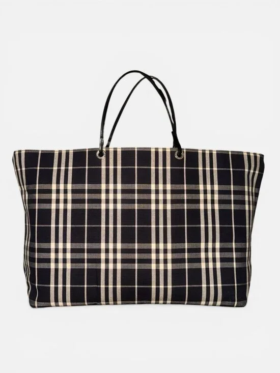 VTG Burberry Nova Check Tote XL Black Leather Cotton Canvas Open Top Bag Italy - Picture 4 of 10